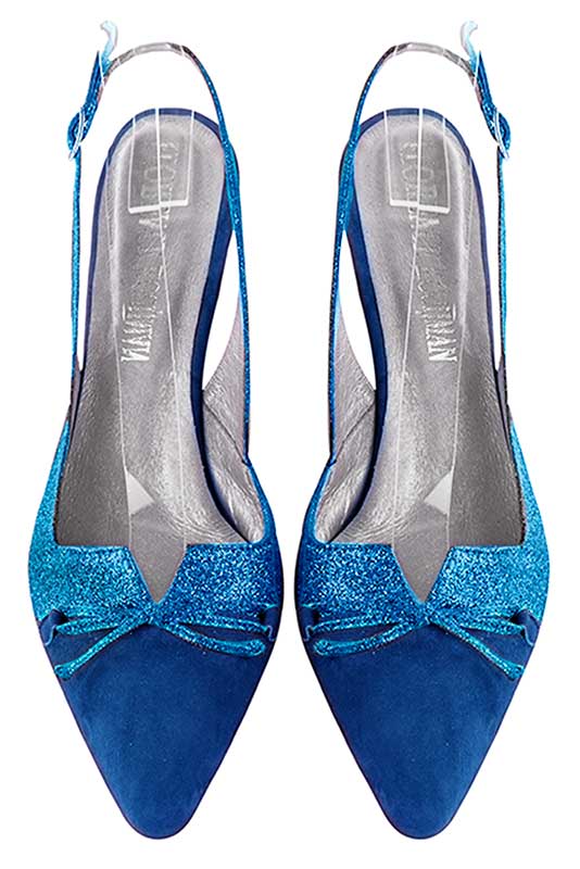 Electric blue women's open back shoes, with a knot. Tapered toe. Medium slim heel. Top view - Florence KOOIJMAN